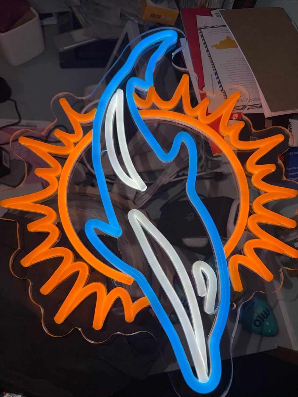 Neon Dolphin Sun Wall Art - Blue, Orange & White LED Accent